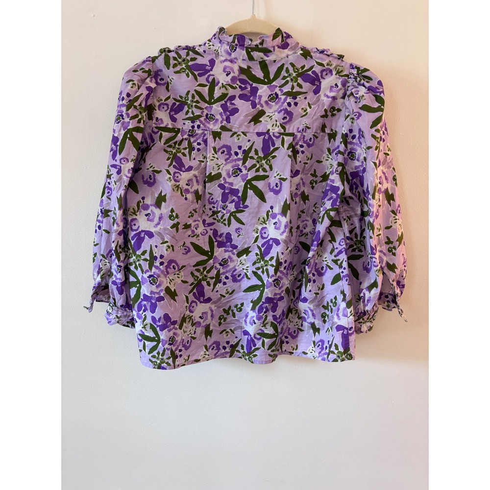 PINCH Purple Floral Ruffle V-Neck Puff Sleeve Cotton Blouse Top Small - Picture 6 of 6